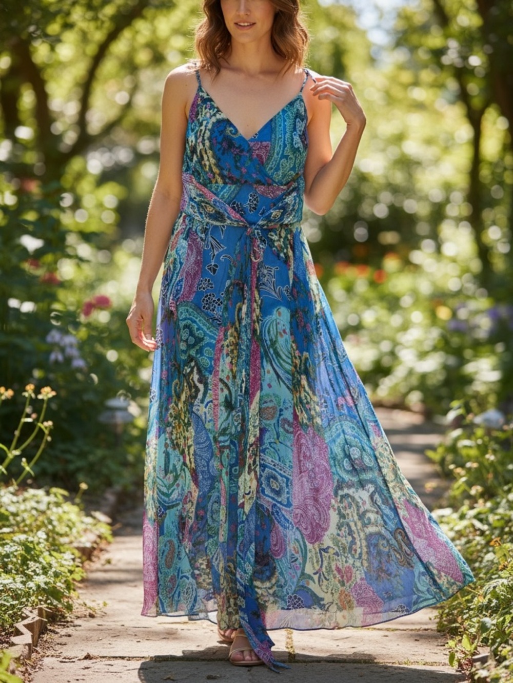 Talbots Blue Multi-Print V-Neck Maxi Dress with Pink and Green Accents